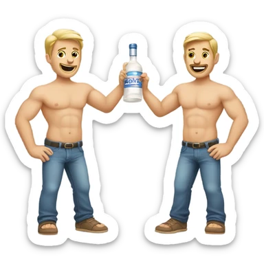 Two Caucasian men without shirts with vodka in hand sticker