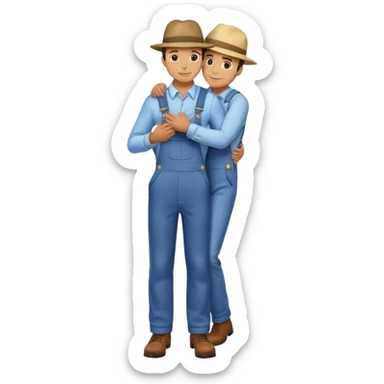 man in suit and hat hugs man in overall. Full height sticker