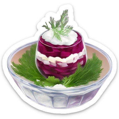 Shuba russian Layered Beet dish  with Herring and mayonnaise in Crystal bowl, dill on top  sticker