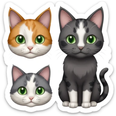 3 different coloured small cats including a dark grey and white, and a patchy calico and a completely solid dark grey with green eyes and only white paws sticker