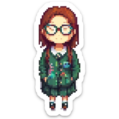 girl with glasses, pixel art style sticker