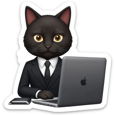 Black cat in a black business suit in an office with laptop sticker