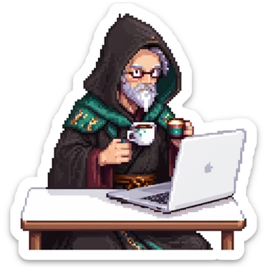 classic wizard upper body coding on a laptop, wearing dark robe, drinking coffee sticker