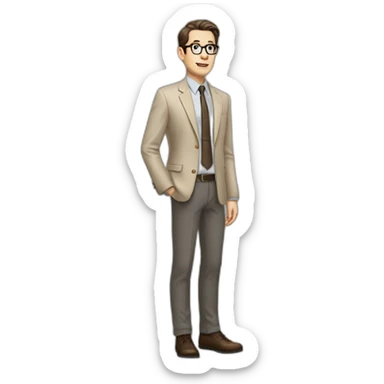 Full height Gesticulating Pale skinned fit man with dark brown hair in gray jacket, beige office shirt, brown tie, brown pants and vintage glasses. sticker