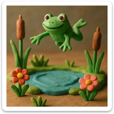 frog leaping above a pond with cattails and flowers, playful and colorful, claymation style sticker