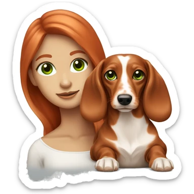 red head women green eyes with her light cream longhair dachshund sticker