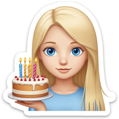 Straight long blonde hair blue eyes girl hold birthday cake sticker