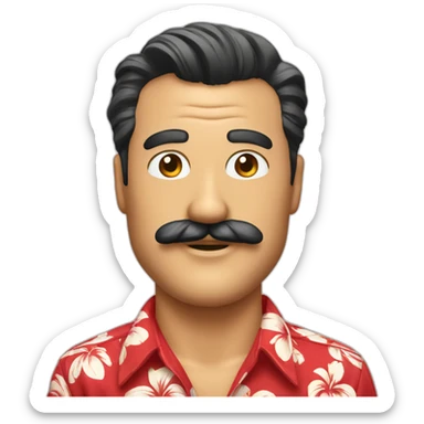 Smiling Magnum PI with a big mustache in a red Hawaiian shirt sticker