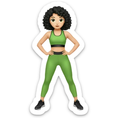 woman with olive skin and curly black hair wearing a green workout outfit and standing in a disco pose sticker