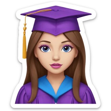 girl with gorgeous long brown hair, blue eyes, long lashes makeup, sexy pink lips, wearing a purple graduation cap and gown sticker