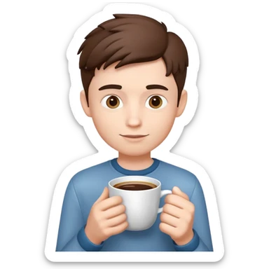 generate realistic detailed boy with cup of coffee in hand in 3d style sticker