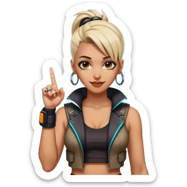 Woman with her tongue out in cyberpunk clothing and giving the middle finger. Looking naughty. sticker