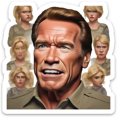 US president Arnold Schwarzenegger in Halo style, oil paint, mysterious eyes, intricate lips, masterpiece pose, odd perspective, beautiful, desirable, logical, midsommar, ikea sticker