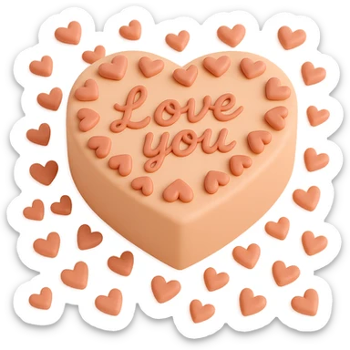 Add more small fondant hearts around the main heart-shaped cake with the 'Love you' message, in fondant cake art style, keep transparent background. sticker