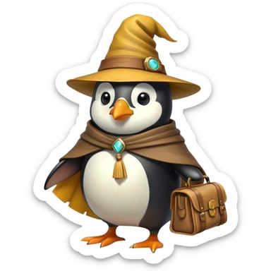 A wizard-explorer penguin inspired by Indiana Jones, wearing a weathered yellow enchanted hat and a flowing cape. It carries a leather satchel with ancient scrolls. Cartoon-style, smooth shading, highly detailed, no background sticker