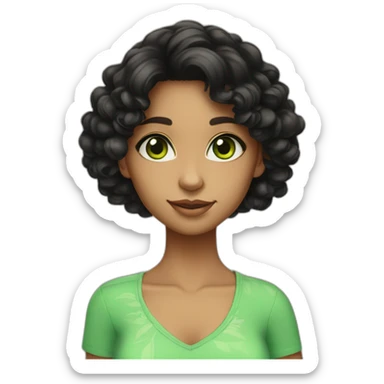 Shoulder length Curly black hair girl big green eyes hawaian skin color sticker