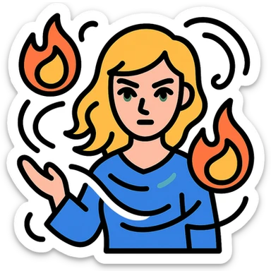 blonde woman with green eyes casting fireballs with magical energy swirling around her, color outline icon style sticker