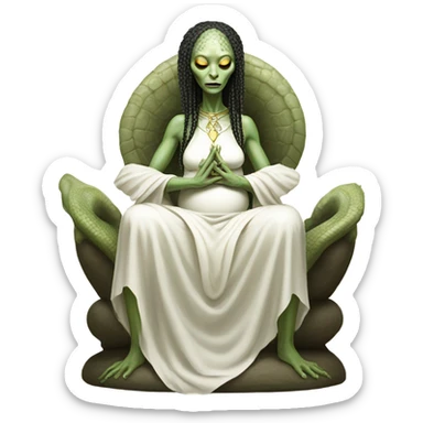 a Reptilian alien woman, pregnant, in meditation, white dress like a priestess sticker