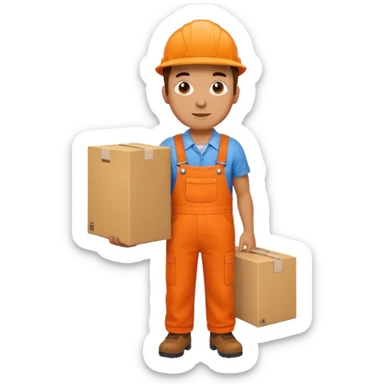 man orange overalls carrying a large box in front of him sticker