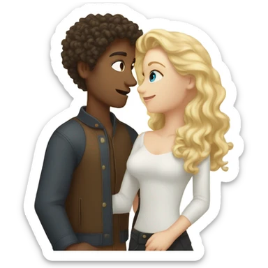 “A fair-skinned girl with blonde hair kissing a tall fair-skinned guy with dark curly hair.” sticker