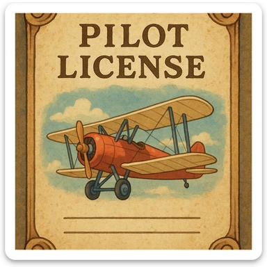 vintage-style pilot license with retro airplane and scroll-like border sticker