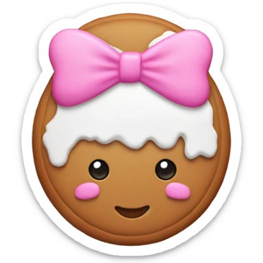 Gingerbread cookie wearing a pink bow on right side of the head with white frosting dress sticker