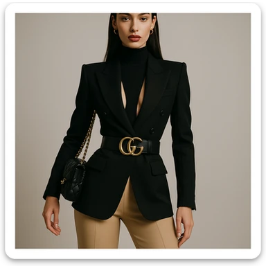 a girl with thin eyebrows, straight dark hair, big lips, and a shapely figure, wearing high-fashion clothes, stylish and modern look sticker