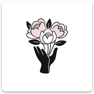 a bouquet of peonies with lush petals and leaves, held in a hand, in pastel colors dd9fb0 ffc6d3 a3bfc9 c4bee2 f1b091 sticker