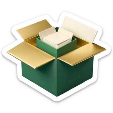 3D minimal open box with multiple envelopes floating out of it, matte finish, deep green (#0B3D2C) box, cream white (#F5F5DC) envelopes, subtle gold (#C9B037) accents, Apple style, ultra sleek, soft shadow, transparent background sticker
