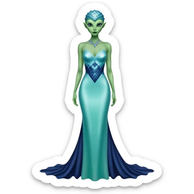 alien reptilian green skin woman, in long slim pastel blue formal party satin dress with gradient shiny sparkling navy blue diamonds embroidered  sticker