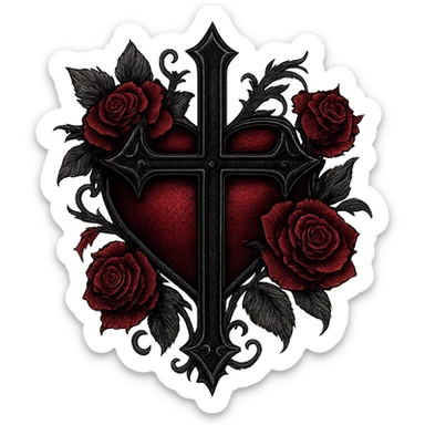 gothic style heart with a gothic cross and roses, black and crimson colors, transparent background sticker
