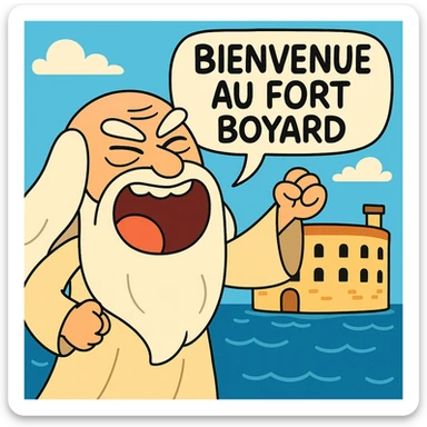 Père fouras  de fort boyard qui cri bienvenue au fort boyard // style enfantin dessin animé cartoons américain style gumball sticker