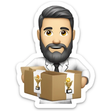 White guy with a beard in a suit getting rid of a very large box of taekwondo trophies sticker