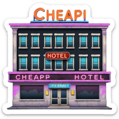 Hotel barato con letrero de neón en la fachada. sticker