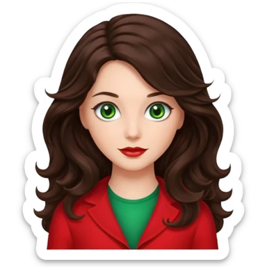 Leslie Bryant from Summer of Fear with long dark brown wavy hair, green eyes, red outfit sticker
