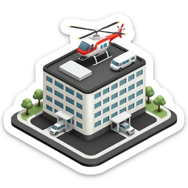 hospital isometric view building with heliport sticker