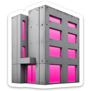 Minimalist gray concrete building with one window glowing bright pink, brutalist architecture sticker