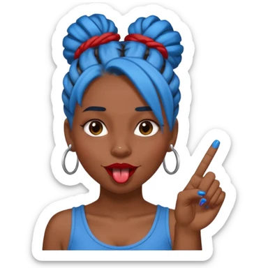 brown girl with blue locs in a bun with tongue out and red nails showing middle finger sticker