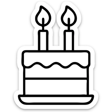 icon-style birthday cake, two candles with dynamic flowing flames, clear and bold sticker