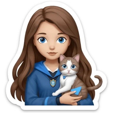 gorgeous Girl with light skin, blue eyes, long brown hair, wears a ravenclaw outfit, with a grey and white cat holding in her arms sticker