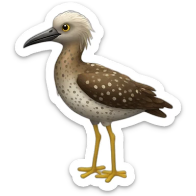 fluffy brown speckled sea bird with white spots and long legs and yellow beak sticker