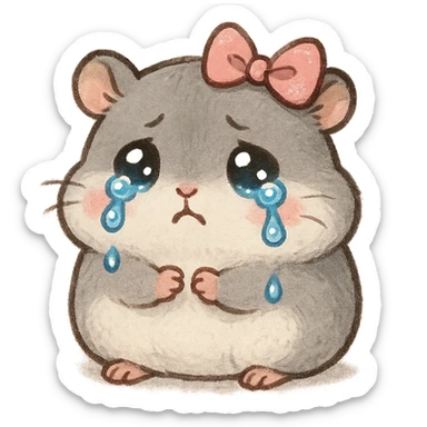 a small, round gray hamster with tears in its eyes and a pink ribbon on its head, cute, expressive style sticker