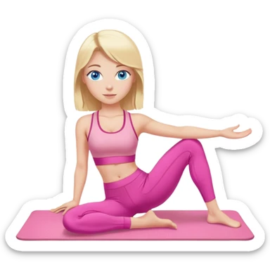 a nlode girl with blue eyes wearing a pink workout set, doing pilates sticker