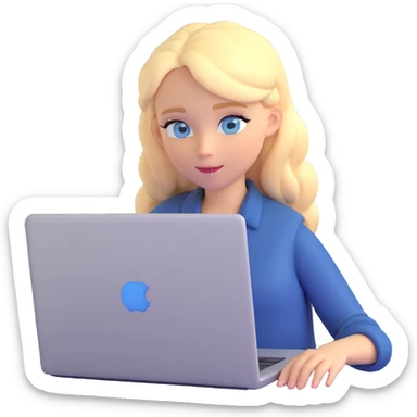 Blonde girl with blue eyes working on a laptop sticker