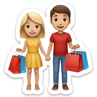 HAPPY SMILEY FACE BOY AND GIRL WITH HANDS AND FEET EMOJI WITH SHOPPING BAGS IN EACH HAND sticker