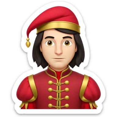 lord farquad avec un chapeau rouge plat sur le dessus, il a un vetement rouge avec des manches bouffantes rouge et dorée sticker