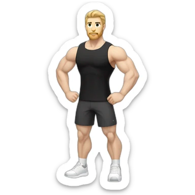 Pale skinned Fit Man With the biceps and dark brown hair in black shirt, gray sports shorts and white Sneakers sticker