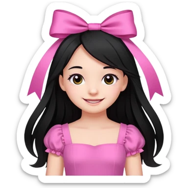 A cute girl, long black hair with 🎀, black eyes, wearing a pink dress  sticker