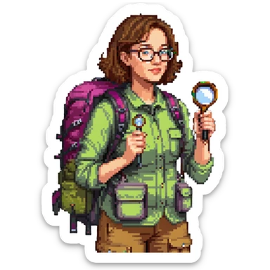 Enthusiastic woman naturalist in her 40s with glasses, colorful hiking outfit, backpack, holding magnifying glass sticker