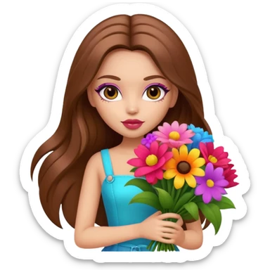 stylish pretty bratz baddie, long brown hair holding big bouet of flowers  sticker